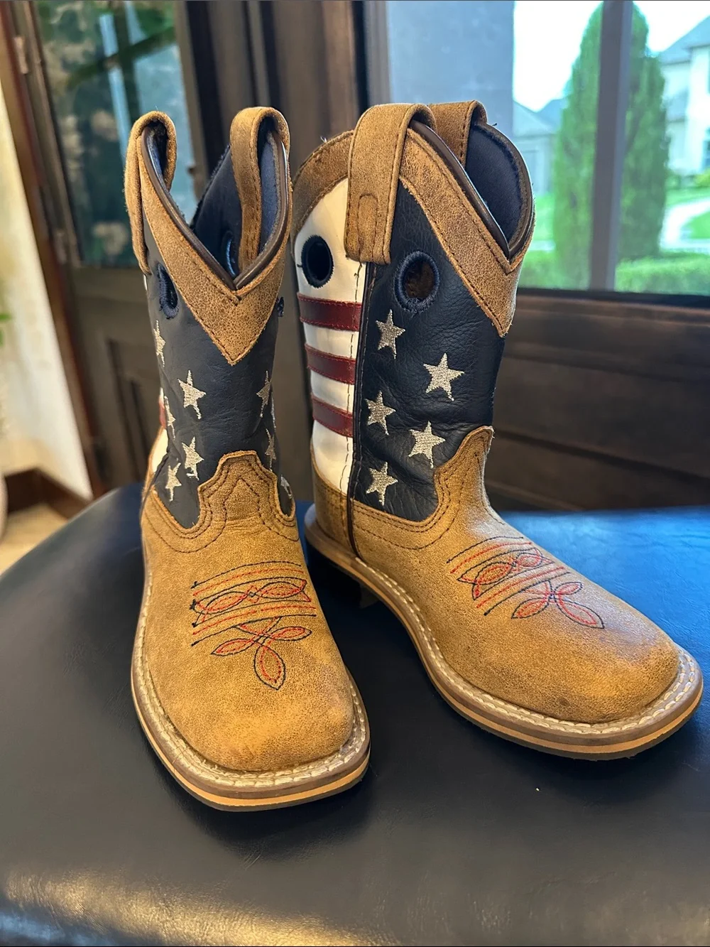 Kids American Flag Cowboy Boots - Tan & Navy
